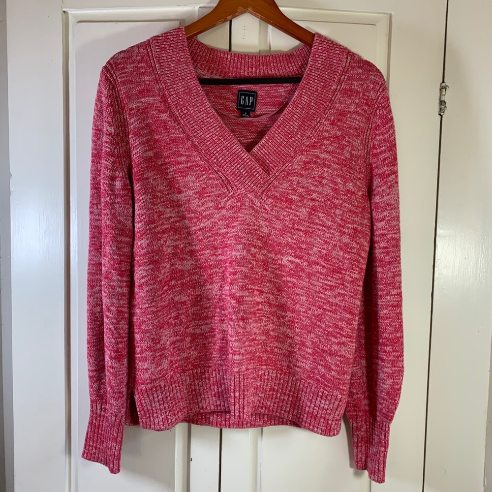 GAP Pink Marled Y2K Style V-Neck Sweater S Clean Girl Cozycore 100% Cotton Knit